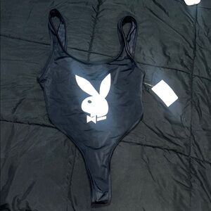 PLAYBOY Black thong Swimsuit with White Bunny Logo